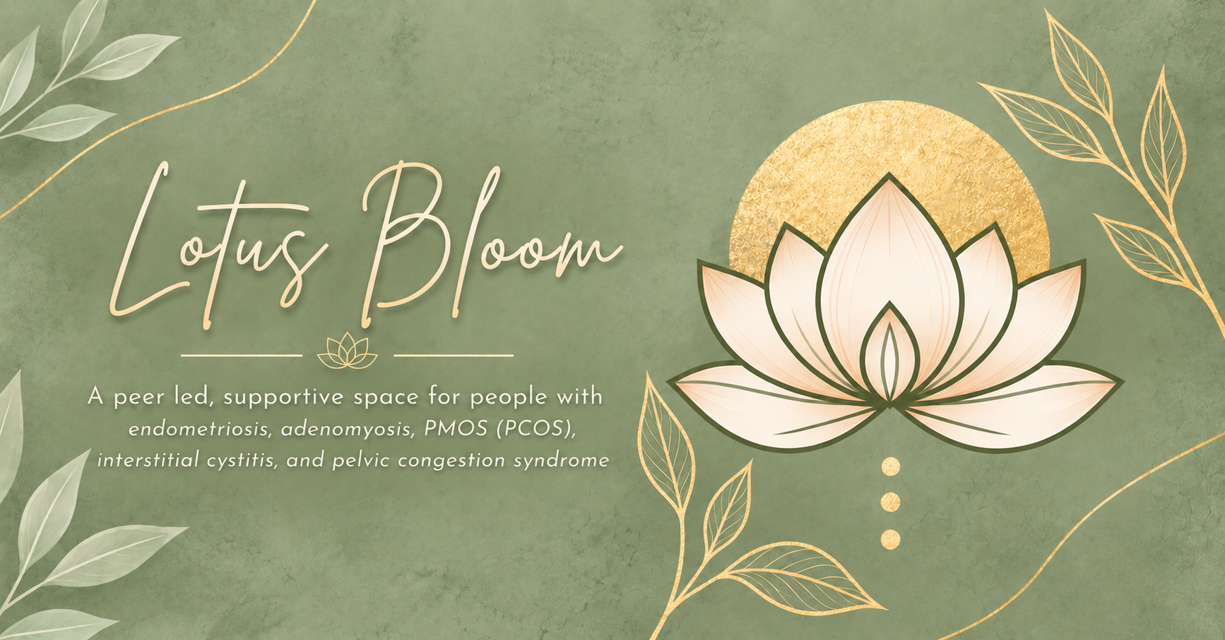 Lotus Bloom. A peer led, supportive space for people with endometriosis, adenomyosis, PMOS (PCOS), interstitial cystitis, and pelvic congestion syndrome.